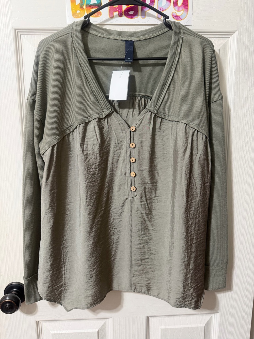 Dark Sage Mixed-Media Pullover Blouse